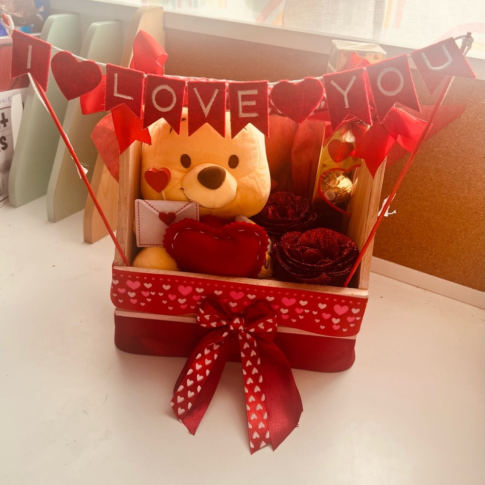 Red Valentine's Gift Basket with pooh  Bear